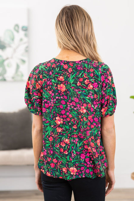 Fuchsia and Green Floral Print Top - Filly Flair