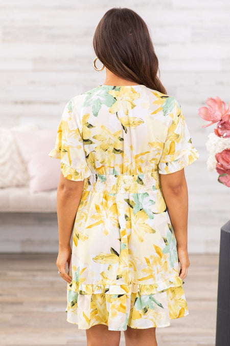 Pastel Yellow Floral Smocked Waist Dress - Filly Flair