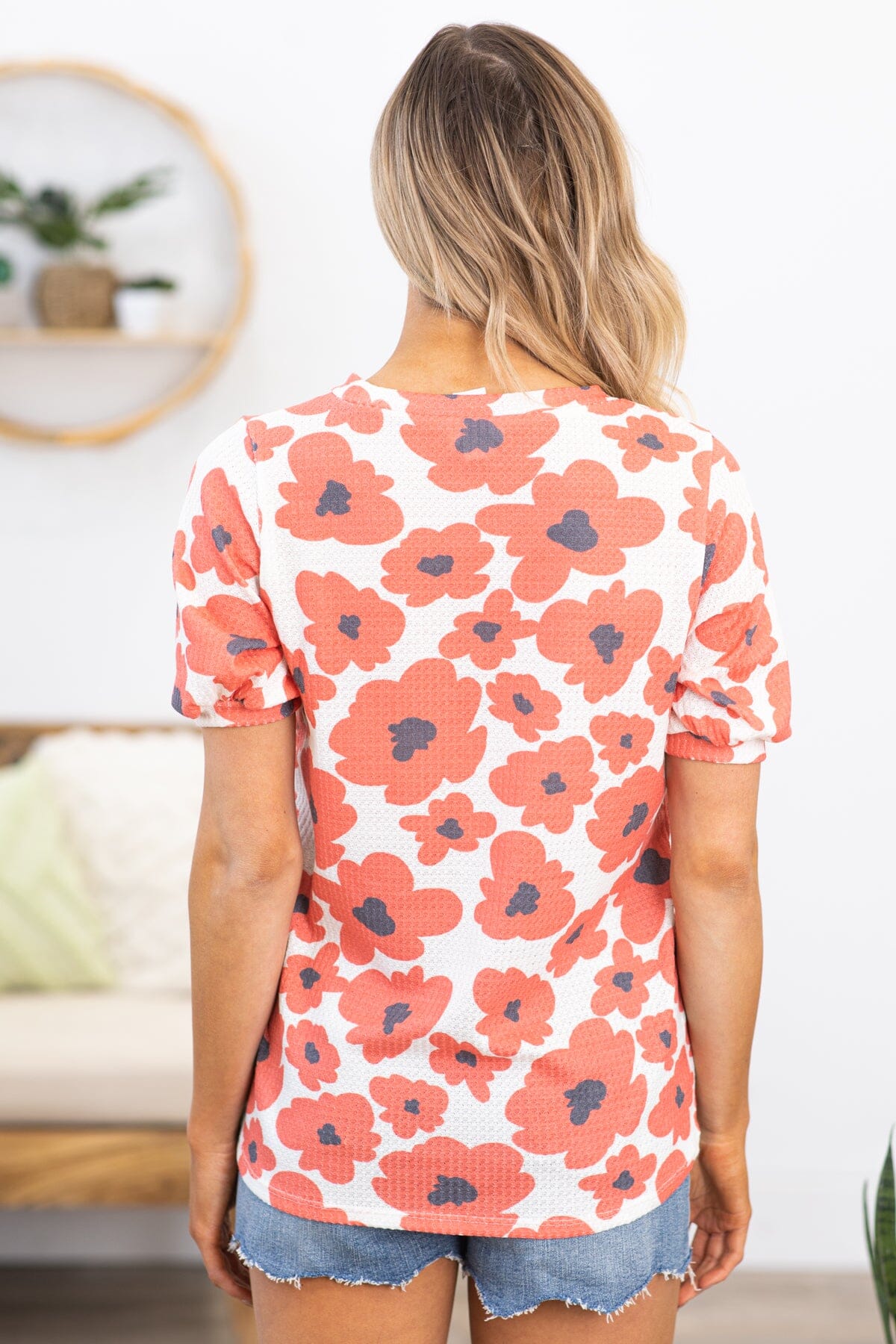 Coral and White Floral Print Waffle Knit Top - Filly Flair