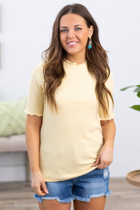 Pastel Yellow Rib Knit Lettuce Trim Top - Filly Flair