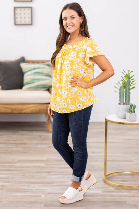 Yellow and Blue Floral Smocked Trim Top - Filly Flair