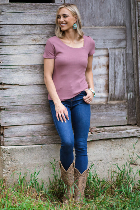 Dusty Rose Rib Knit Asymmetrical Neckline Top - Filly Flair