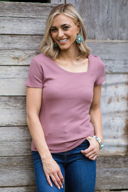 Dusty Rose Rib Knit Asymmetrical Neckline Top - Filly Flair