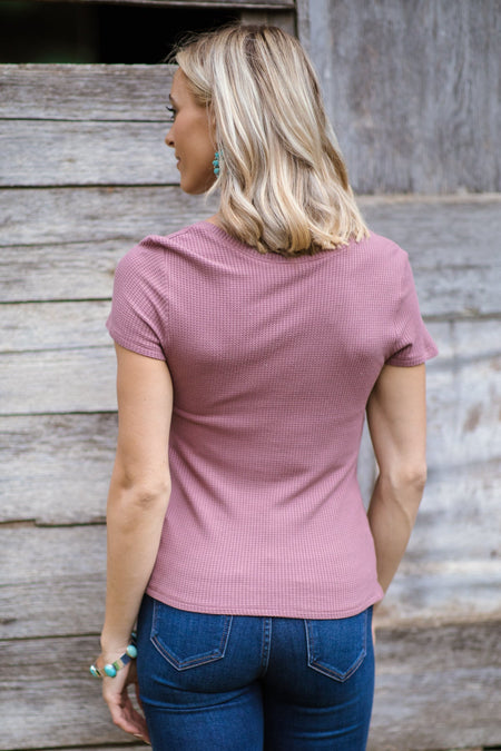 Dusty Rose Rib Knit Asymmetrical Neckline Top - Filly Flair