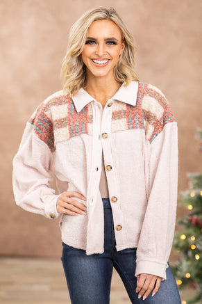 Baby Pink Plaid Sherpa Yoke Shacket - Filly Flair