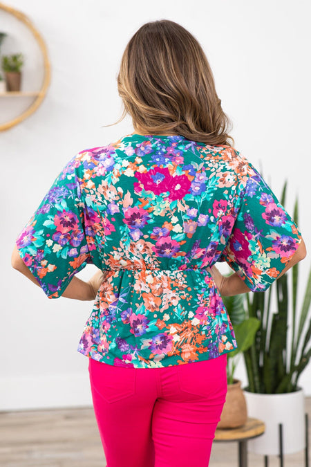 Jade and Fuchsia Floral Surplice Front Top - Filly Flair