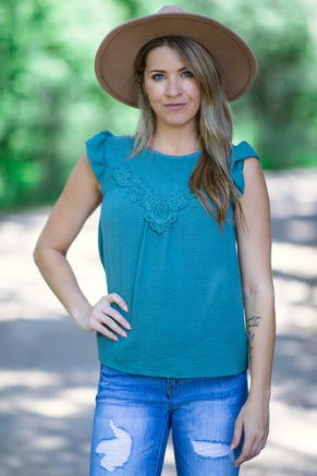 Teal Flutter Sleeve Top With Crochet Detail - Filly Flair