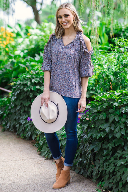 Mocha Multicolor Ditsy Floral Cold Shoulder Top - Filly Flair