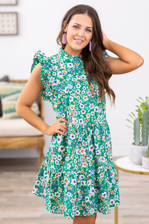 Jade Multicolor Flutter Sleeve Floral Dress - Filly Flair