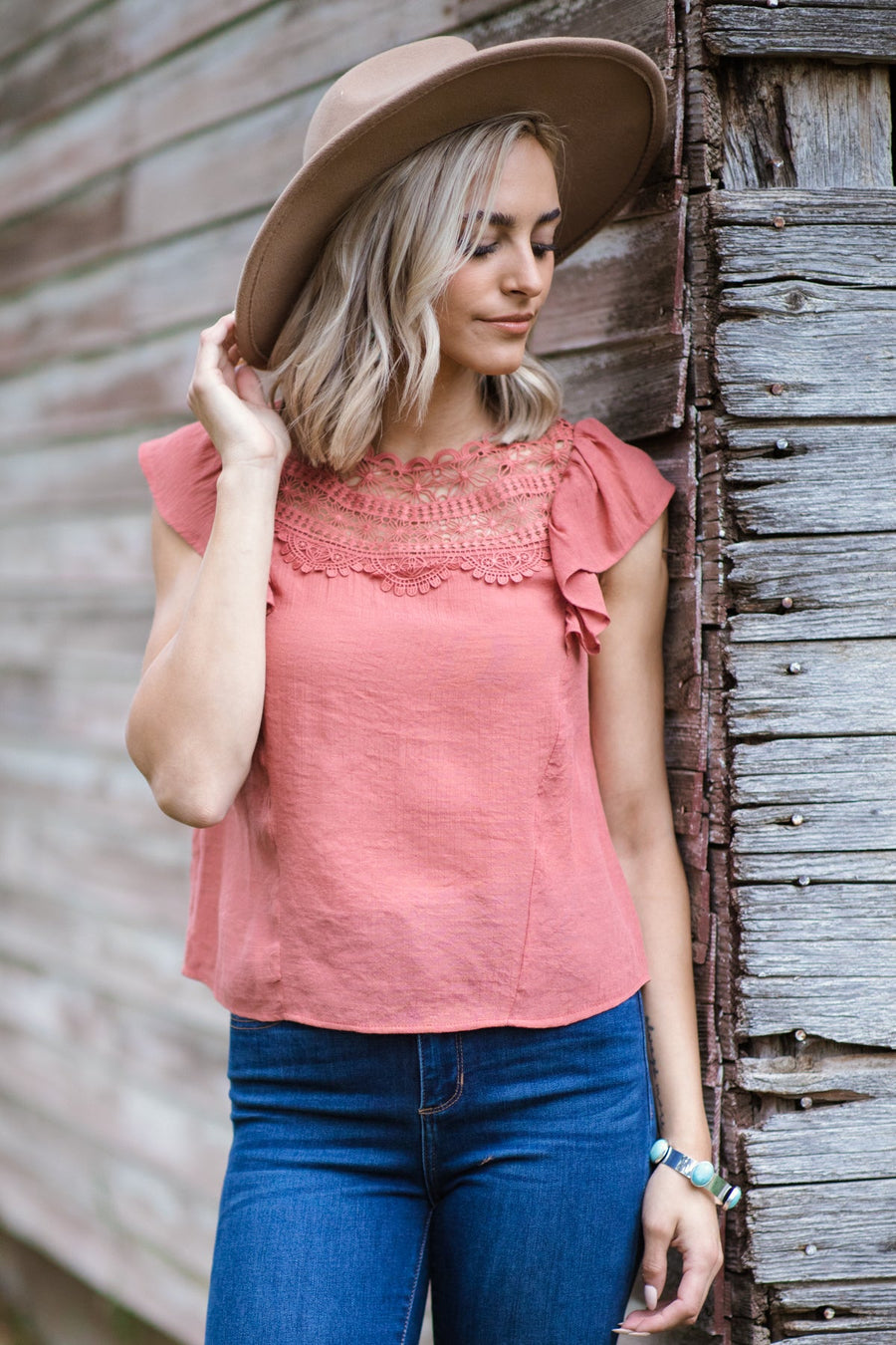 Terra Cotta Crochet Yoke Flutter Sleeve Top - Filly Flair