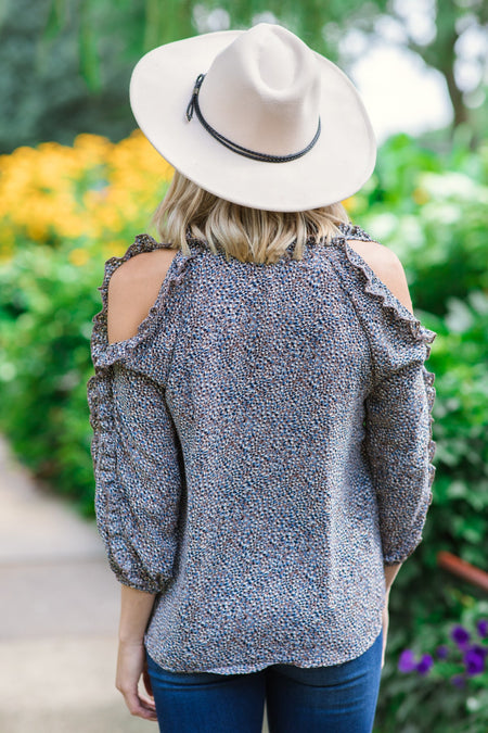 Mocha Multicolor Ditsy Floral Cold Shoulder Top - Filly Flair