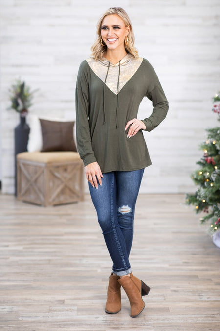 Olive and Gold Metallic Colorblock Hooded Top - Filly Flair