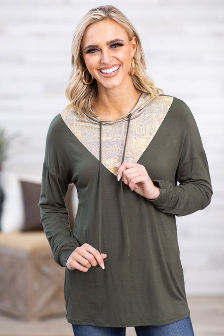 Olive and Gold Metallic Colorblock Hooded Top - Filly Flair