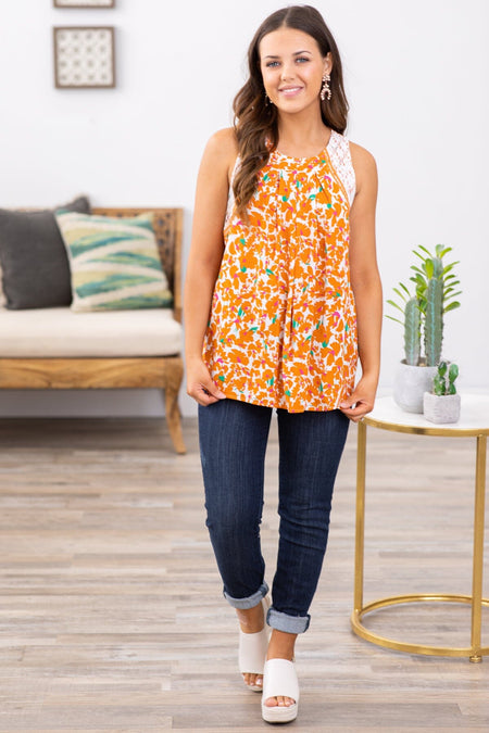 Orange Multicolor Lace Trim Floral Tank - Filly Flair