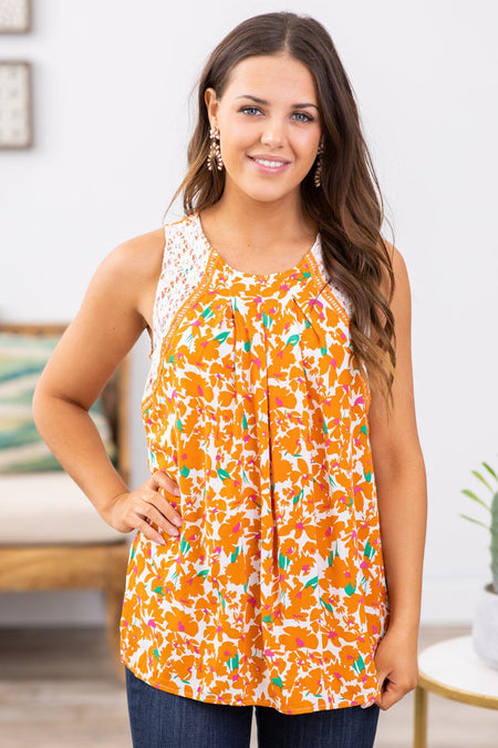 Orange Multicolor Lace Trim Floral Tank - Filly Flair