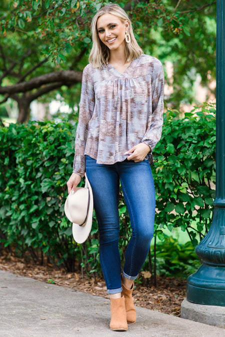 Mauve and Periwinkle Abstract Print V-Neck Top - Filly Flair