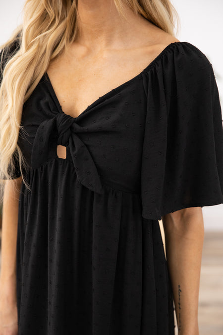 Black Flutter Sleeve Dress with Tie Detail - Filly Flair