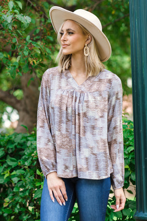 Mauve and Periwinkle Abstract Print V-Neck Top - Filly Flair