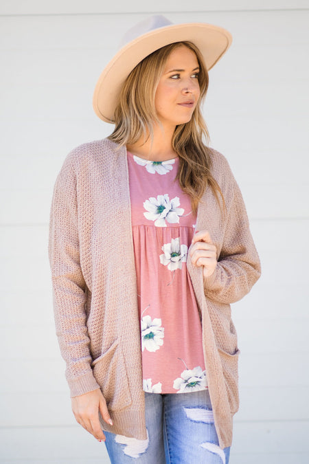 Tan Rib Knit Cardigan With Pockets - Filly Flair