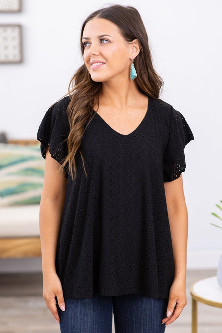 Black Eyelet Short Sleeve Top - Filly Flair