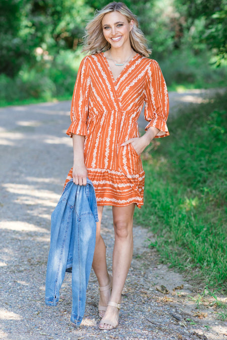 Orange Floral Print Surplice Front Dress - Filly Flair