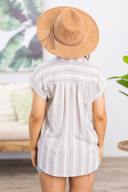 Taupe Multicolor Stripe Button Up Top - Filly Flair