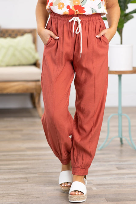 Rust Drawstring Waist Jogger Pants - Filly Flair