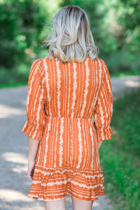 Orange Floral Print Surplice Front Dress - Filly Flair