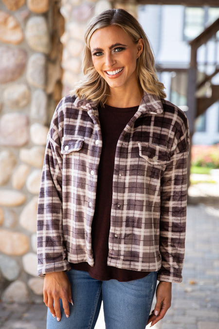 Brown Plaid Fuzzy Plaid Jacket - Filly Flair