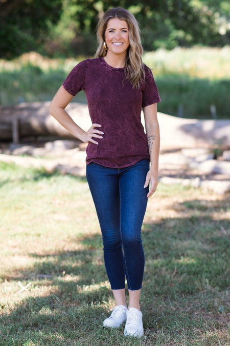 Burgundy Acid Wash Short Sleeve Top - Filly Flair