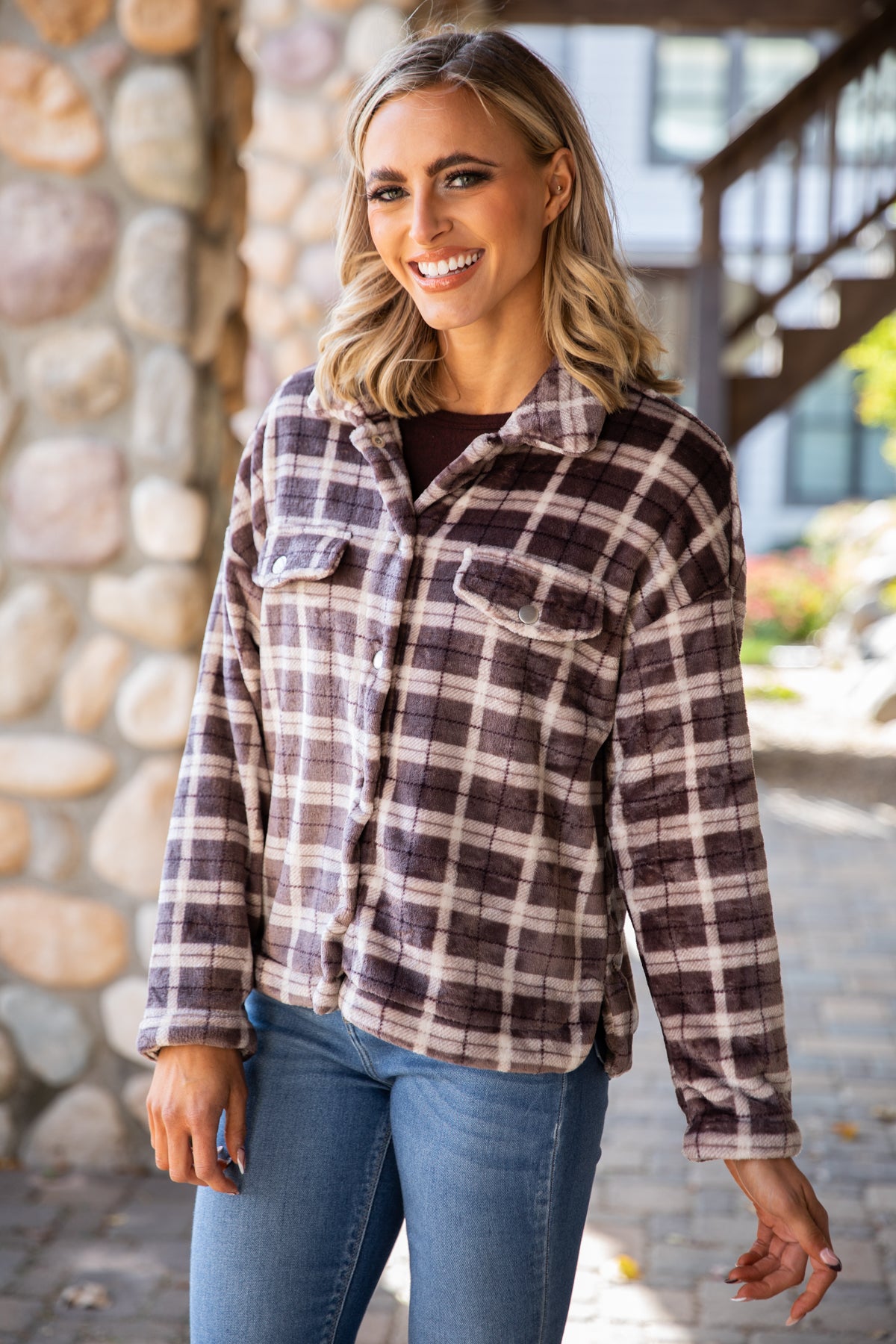 Plaid fluffy outlet jacket