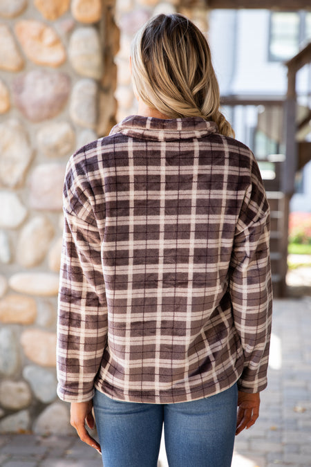 Brown Plaid Fuzzy Plaid Jacket - Filly Flair