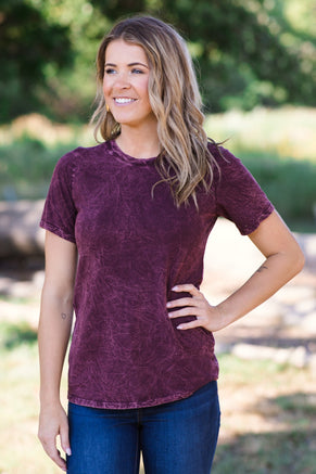 Burgundy Acid Wash Short Sleeve Top - Filly Flair