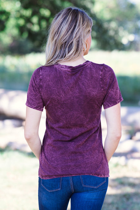 Burgundy Acid Wash Short Sleeve Top - Filly Flair