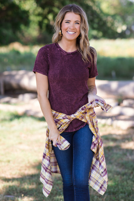 Burgundy Acid Wash Short Sleeve Top - Filly Flair