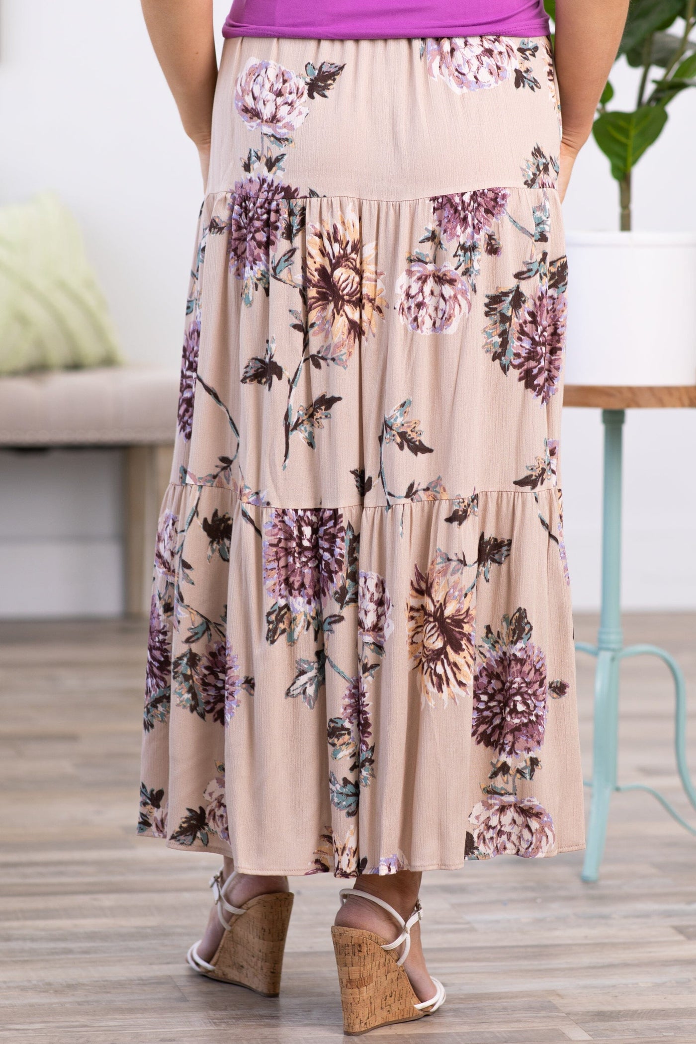 Tan and Dusty Rose Floral Maxi Skirt - Filly Flair