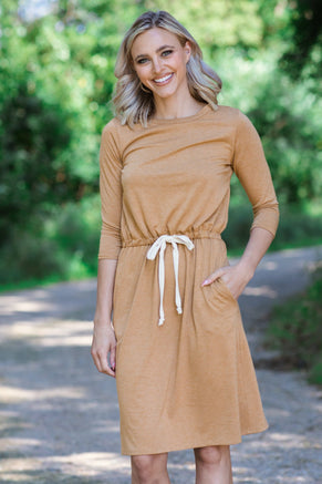 Cinnamon Drawstring Waist Long Sleeve Dress - Filly Flair