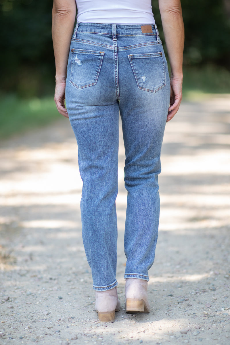 Judy Blue Medium Wash Distressed Knee Jeans · Filly Flair