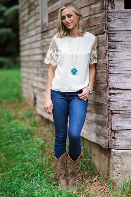 Ivory Mesh Lace Sleeve Top - Filly Flair