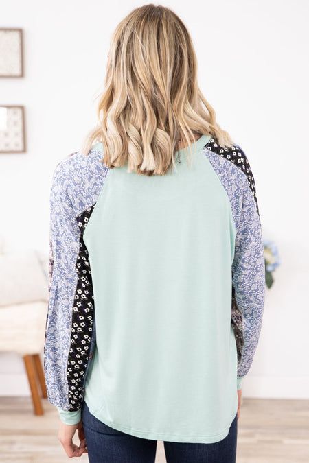 Mint and Blue Multicolor Floral Print Sleeve Top - Filly Flair