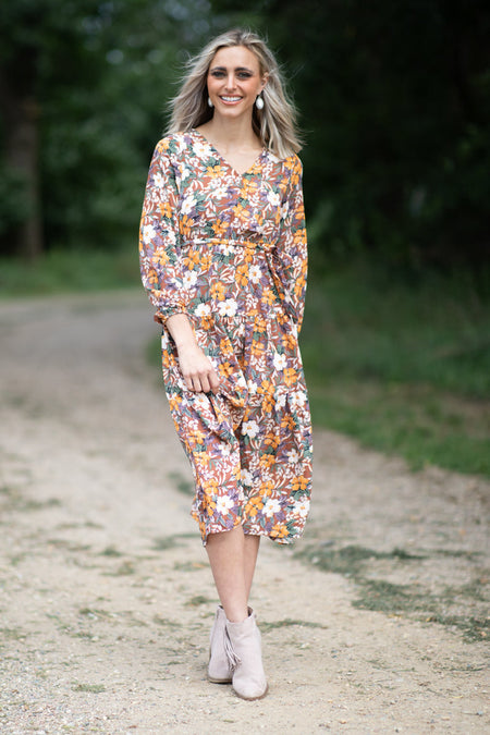 Chestnut and Orange Floral Tie Waist Maxi Dress - Filly Flair