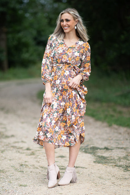 Chestnut and Orange Floral Tie Waist Maxi Dress - Filly Flair