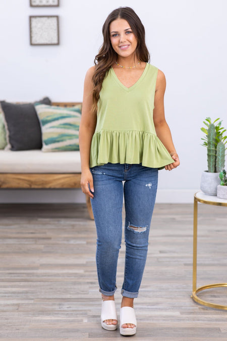 Light Olive V-Neck Ruffle Trim Peplum Tank - Filly Flair