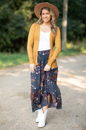 Slate Blue Multicolor Floral Print Maxi Skirt - Filly Flair