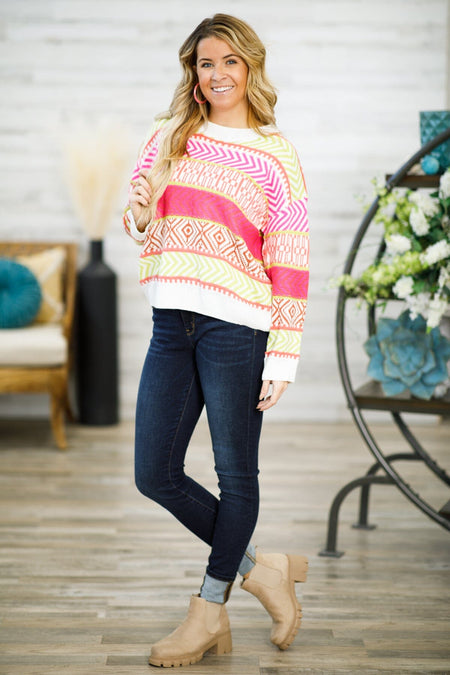 Neon Pink and Green Aztec Sweater - Filly Flair