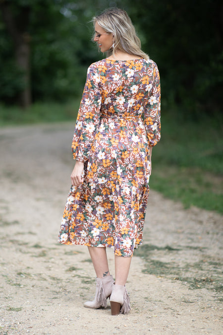 Chestnut and Orange Floral Tie Waist Maxi Dress - Filly Flair