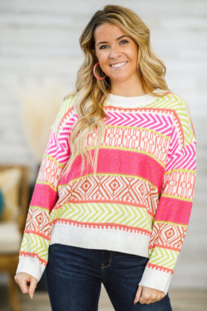 Neon Pink and Green Aztec Sweater - Filly Flair