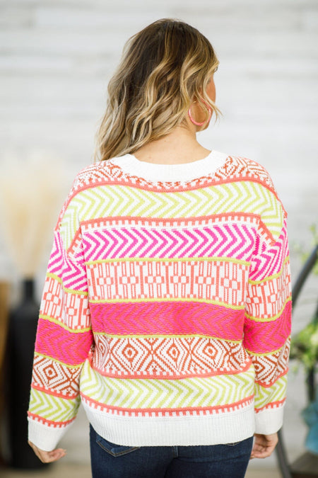 Neon Pink and Green Aztec Sweater - Filly Flair