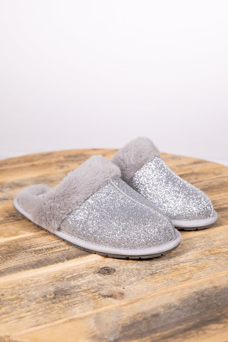 Silver Shimmer Faux Fur Trim Slippers - Filly Flair