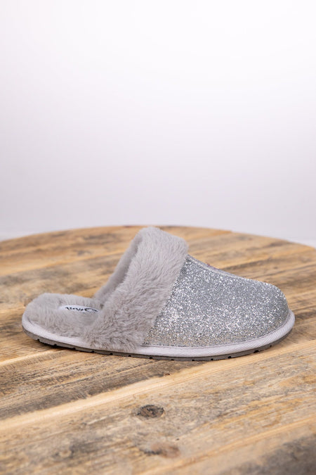 Silver Shimmer Faux Fur Trim Slippers - Filly Flair